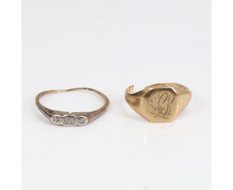 2 gold rings, 3.3g total, both A/F (2)Signet ring has a cut shank and is very worn, diamond ring is also extremely worn and t