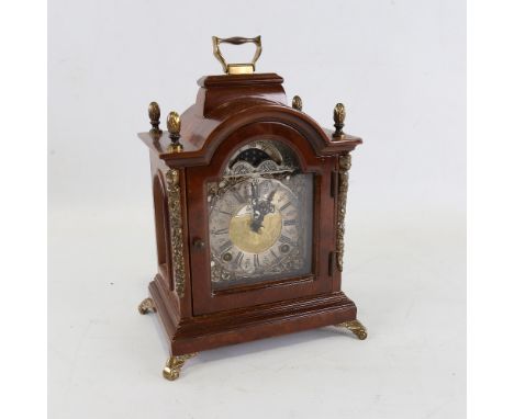 A Georgian style reproduction walnut-cased 8-day dome-top bracket clock, by Warmink Wuba, brass and silvered dial with Roman 
