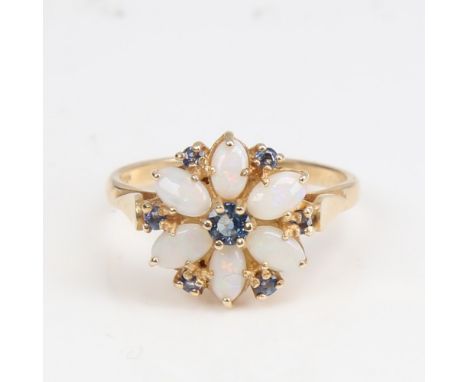 A late 20th century 14ct gold sapphire and opal cluster flowerhead ring, set with marquise cabochon opals and round-cut sapph