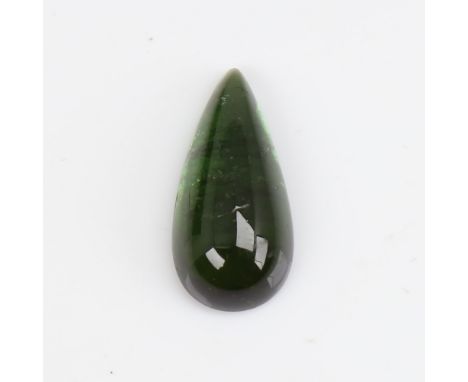 A 10.06ct unmounted pear cabochon green tourmaline, dimensions: 21.68mm x 10.36mm x 6.10mm, 2.02gThe tip has one tiny chip an