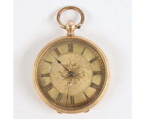 A Swiss 18ct gold open-face keywind pocket watch, by Hallett of Hastings, floral engraved and textured gilt dial with Roman n