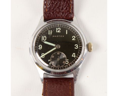 PROTEX - a Second World War Period stainless steel German Army mechanical wristwatch, ref. 497, black dial with luminous Arab
