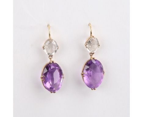 A pair of Antique unmarked gold amethyst and quartz drop earrings, set with oval mixed-cut stones, with shepherd hook fitting