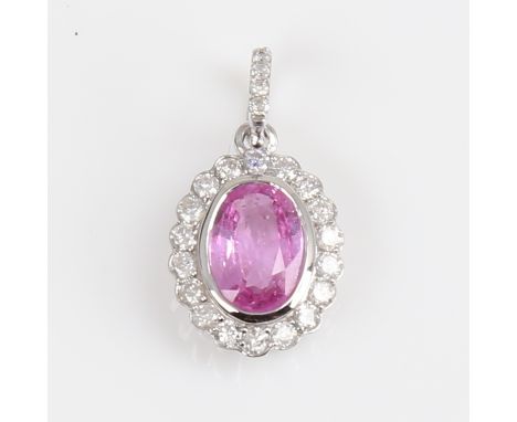 A modern 14ct white gold pink sapphire and diamond cluster drop pendant, set with oval mixed-cut sapphire and round brilliant