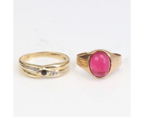 A modern 9ct gold sapphire and diamond ring, size O, 1.2g, and an unmarked gold cabochon pink stone set ring, size J, 2.2g (2