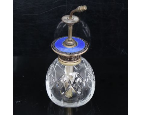 A George V Art Deco blue enamel and silver-mounted glass dressing table perfume atomiser, by Henry Matthews, hallmarks Birmin