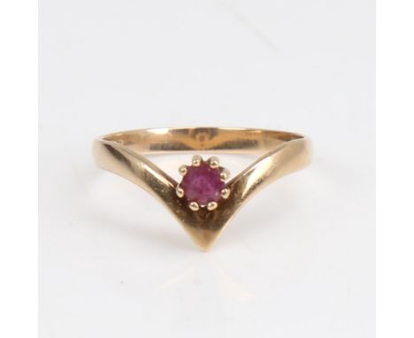 A late 20th century 9ct gold ruby wishbone ring, set with round-cut ruby, hallmarks Birmingham 1979, setting height 8.7mm, si