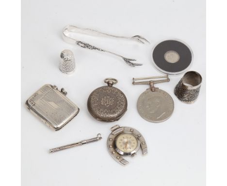 Silver Vesta case, silver fob watch, Festina horseshoe fob watch, silver thimble etcLot sold as seen unless specific item(s) 