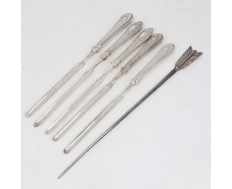A set of 5 Antique silver plated marrow scoops, and a silver plated arrow meat skewer, length 30cm (6)No damage or repair, ge