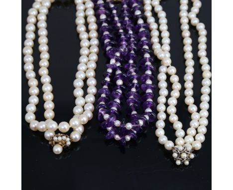 3 Vintage necklaces, including amethyst and pearl example with 9ct clasp, long single-strand pearl necklace with 14ct clasp a