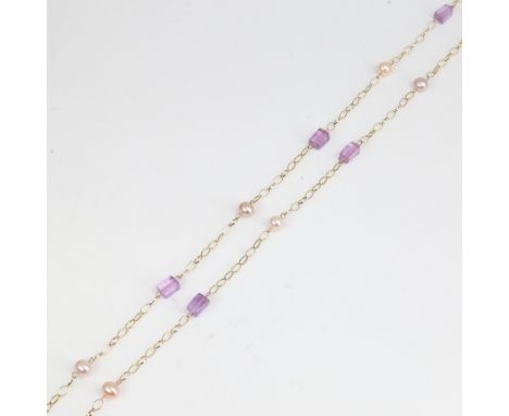 A modern 9ct gold amethyst and pearl necklace, necklace length 64cm, 11.5gNo damage or repair, no broken links, clasp working