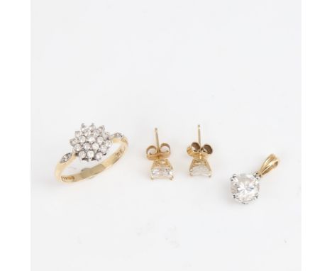 A 14ct gold cubic zirconia demi-parure, comprising ring, pendant and a pair of stud earrings, ring size M, 4.8g total (3)No d
