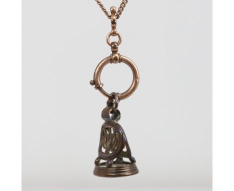 An Antique gold plated fancy link Albert chain, with intaglio carved seal, dog clip and spring clip, chain length 44cm, 26.3g