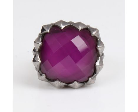A large modern designer sterling silver and amethyst ring, large facet-cut amethyst with Gothic style settings, by Stephen We