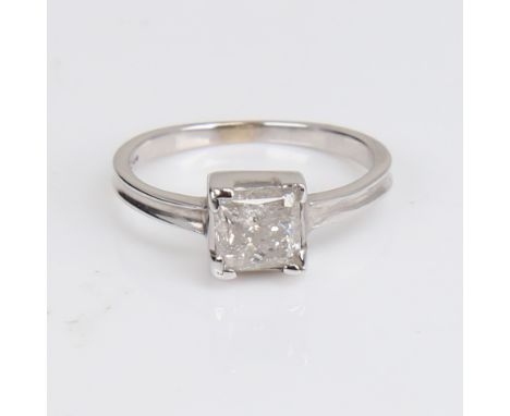 An 18ct white gold 1.03ct Princess-cut solitaire diamond ring, colour approx I/J, clarity I2/I3, diamond dimensions: 5.59mm x