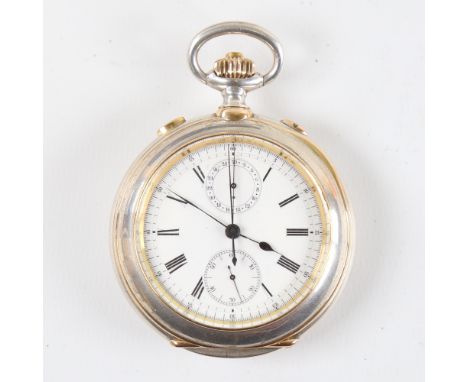 A 19th century Swiss silver and yellow metal open-face top-wind Doctor's chronograph pocket watch, white enamel dial with Rom