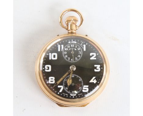 ZENITH - a First World War Period gold plated open-face top-wind alarm pocket watch, black dial with white Arabic numerals an