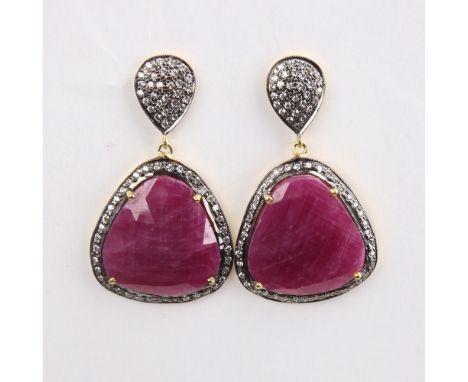 A modern pair of unmarked silver-gilt ruby and CZ drop earrings, earring height 39mm, 10.4gNo damage or repair, all stones pr