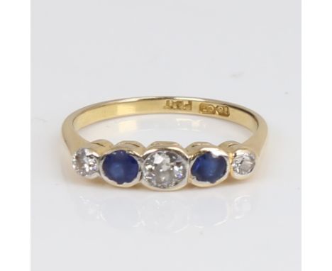 An early 20th century 18ct gold graduated 5-stone sapphire and diamond ring, platinum tops set with old European-cut sapphire