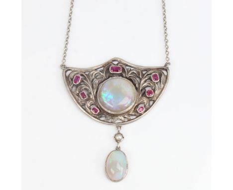 An Arts and crafts style unmarked silver opal ruby and pearl pendant necklace, set with large round and oval cabochon opals, 