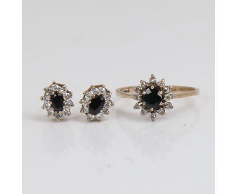 A late 20th century 9ct gold sapphire diamond and cubic zirconia cluster matching ring and stud earring set, ring setting hei
