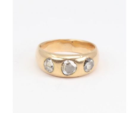 An Antique unmarked gold 3-stone rose-cut diamond gypsy ring, central diamond approximate dimensions: 5.21mm x 4.45mm x 1.5mm