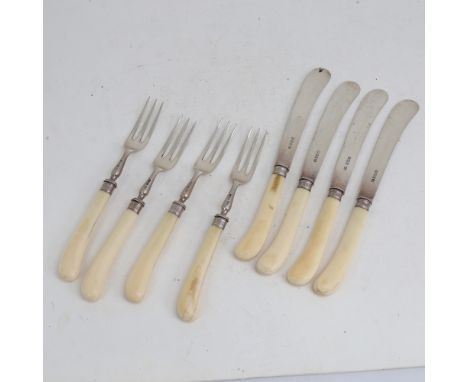 An Edwardian set of silver-bladed ivory-handled pistol-grip dessert knives and forks, for 4 people, by Harrisons Brothers & H