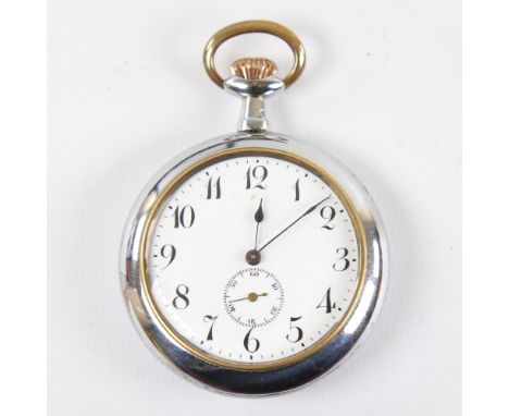 An Art Deco chrome plated novelty erotic open-face top-wind pocket watch, by Brevet, white enamel dial with Arabic numerals, 