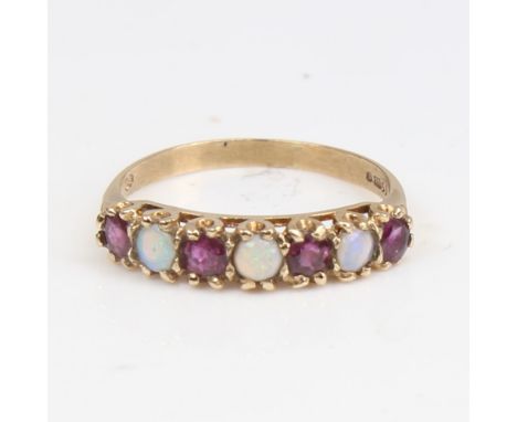 A late 20th century 9ct gold 7-stone opal and garnet half hoop ring, set with round cabochon opals and round-cut garnets, set