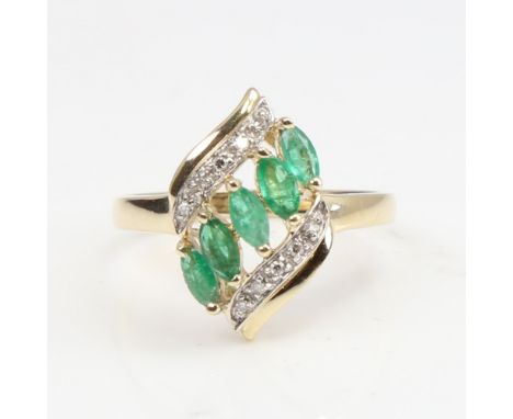 A modern 9ct gold emerald and diamond dress ring, set with marquise-cut emeralds and eight-cut diamonds, setting height 18mm,