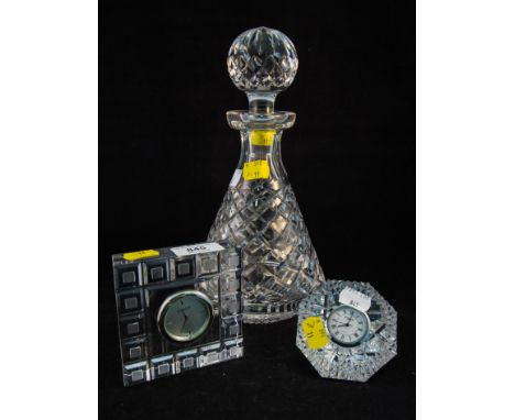 2 WATERFORD CLOCKS + UNSTAMPED DECANTER
