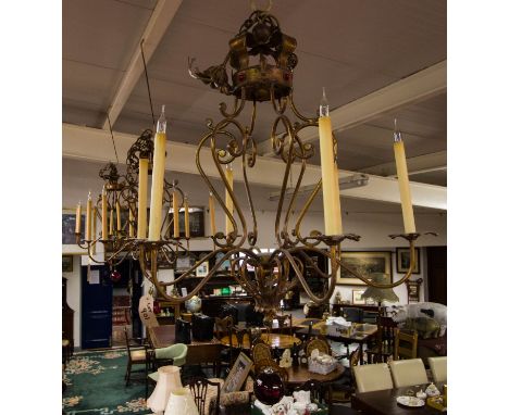 3 WROUGHT IRON CHANDELIERS WITH RUBY GLASS DETAIL + WALL LIGHTS