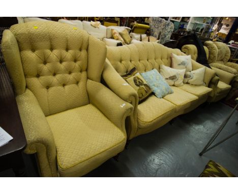 BUTTON BACK SETTEE, WING CHAIR + ARM CHAIR