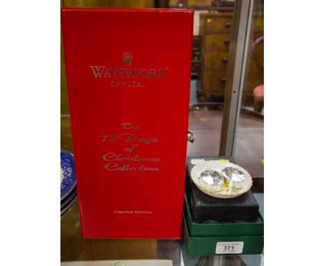 CRYSTAL CLOCK, FIRST TOOTH/CURL BOX (2), BABY SPOON + DISH + WATERFORD CHAMPAGNE FLUTE- BOXED