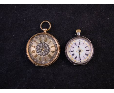 14CT GOLD POCKET WATCH + SILVER WATCH WITH ENAMEL FACE AF