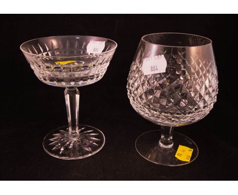 2 WATERFORD BRANDY GLASSES + 3 CHAMPAGNE, CUT GLASS DECANTER , VASE & FONT