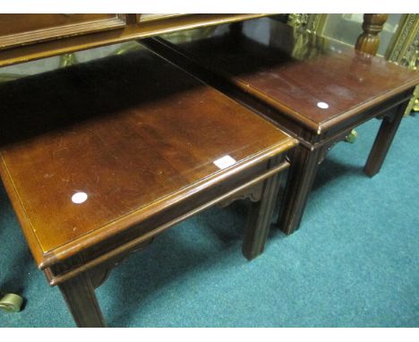 A PAIR OF STAINED BEECHWOOD LAMP TABLES each of square form raised on moulded legs