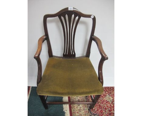 A HEPPLEWHITE STYLE MAHOGANY ARMCHAIR with pierced vertical splat on moulded legs