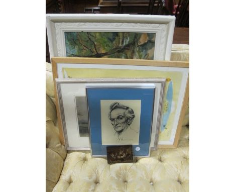 A COLLECTION OF VARIOUS PICTURES to include Donald O'Sullivan portrait, watercolour landscape, oil river scape with bridge, m
