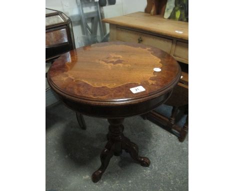 A WALNUT INLAID OCCASIONAL TABLE the circular moulded top above a baluster column on tripod support 69cm (h) x 50cm (d)