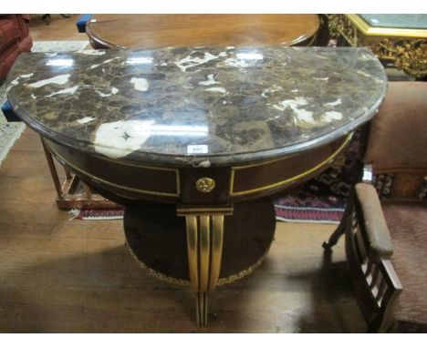 A FINE CONTINENTAL MAHOGANY GILT BRASS AND PARCEL GILT MOUNTED SIDE TABLE of demi-lune outline surmounted with a vein marble 