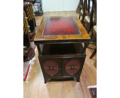 A FINE PAIR OF MAHOGANY LAMP TABLES with satinwood string inlay the rectangular top with tooled leather inset above an open c