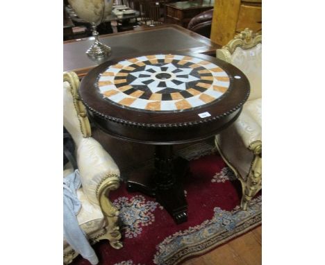 A FINE MAHOGANY AND SPECIMEN MARBLE TOP TABLE of circular outline the shaped moulded top with central inlaid panel above a ga