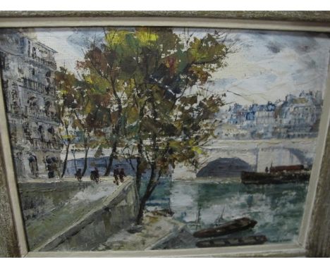 FERGUS O'RYAN CONTINENTAL SCENE
River with Bridge and Barges
Oil on Panel
Signed Lower Right
36cm x 46cm