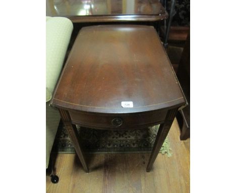 A MAHOGANY DROP LEAF TABLE with satinwood string inlay the oval hinged top with frieze drawer on square tapering legs with hu