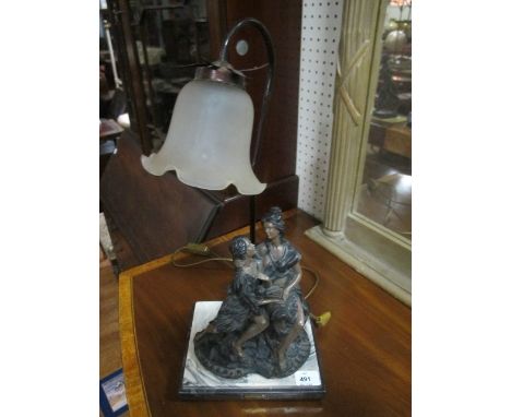 A COMPOSITION TABLE LAMP modelled as a female and her companion shown seated with scroll arm and frosted shade on a rectangul