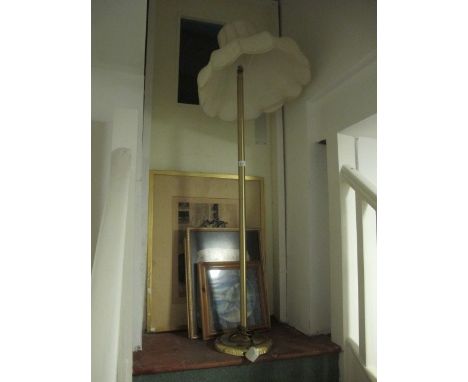 A BRASS FLOOR STANDARD LAMP together with a collection of pictures