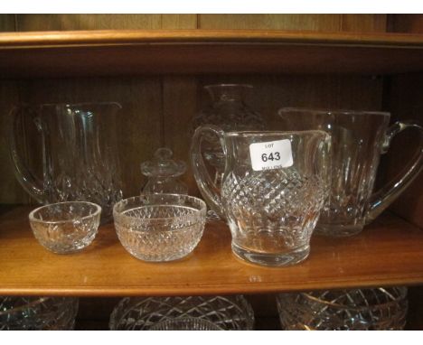 A COLLECTION OF WATERFORD CUT GLASS to include three jugs, sugar bowls, table lamp, dish (7)