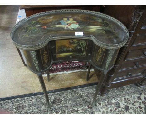 A CONTINENTAL BEECHWOOD AND POLYCHROME TABLE of kidney shaped outline the shaped moulded top with pierced brass gallery and p