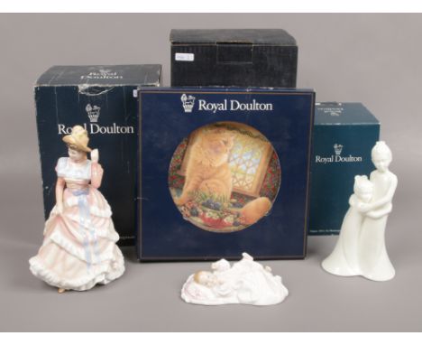 Three ceramic figures to include Royal Doulton Sharon signed to base, Royal Doulton new baby, Royal Worcester Moments sisterl